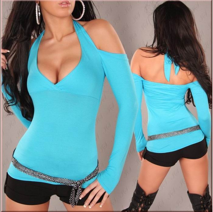 SEXY BULE NECK HOLDER LONG SLEEVE CLUB TOP